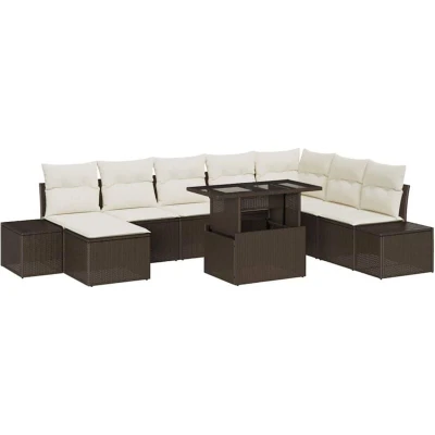 Image of vidaXL 9 Piece Garden Sofa Set with Cushions Brown Poly Rattan