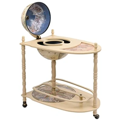 Image of vidaXL Freestanding Globe Bar Cabinet Eucalyptus Wood with Nautical Map Design Storage for Wine, Spirits, Stemware Decorative Cart Wheels Green/White, 70 x 45 88 cm