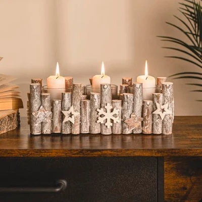 Image of Marco Paul x3 Wooden Christmas Candle Table Centrepiece Decoration Pillar Log Holder Shabby Chic Ornament Tealight Window Home White Tree Star Wedding Trio