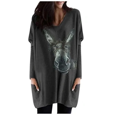 Image of KaloryWee Women Long Sleeve Tops Bee/Donkey Printed Loose Pullover with Pockets,Ladies Autumn/Winter Casual Blouse Sale S 3XL Dark Gray