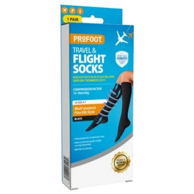 Image of Profoot Flight Compression Ribbed Socks Unisex 1 Pair, Knee High Travel &amp; Black UK Size 4 7