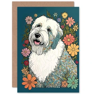 Image of Artery8 English Sheepdog with Multicolour Daisies Bright Flowers Modern Illustration Art Birthday Sealed Greeting Card Plus Envelope Blank inside