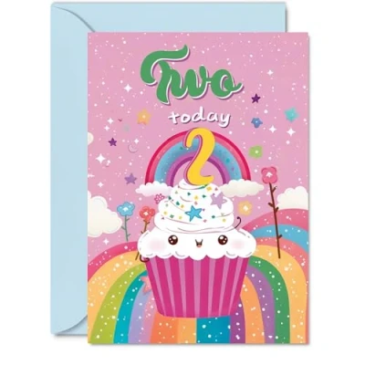 Image of 2nd Birthday Card Girl Cupcake Rainbow Happy for 2 Year Old Girl, Age Girls Cards, A5 Bday Greeting