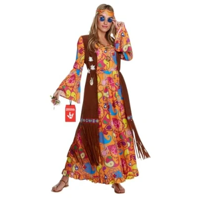 Image of Morph Long Hippie Costume women, 70s fancy Dress Hippy for Womens Costume, XX Large