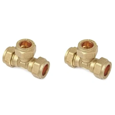 Image of TC Compression Brass Equal Tee 15mm for Copper Pipe Connector Pack of 2