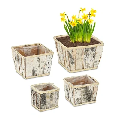 Image of 4x Square Flowerpots, Birch Bark, Flowers &amp; Herbs, Plant Baskets with Foil Lining, in 4 Sizes, Wooden, Natural Relaxdays