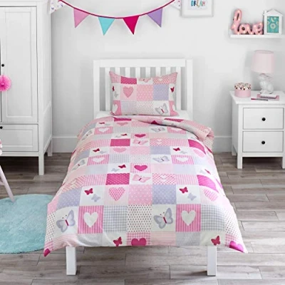 Image of Bloomsbury Mill Cot Bed Duvet Cover Set Toddler Bedding For Girls Hearts and Butterflies Patchwork Kids Pink &amp; Pillow Case 120x150cm