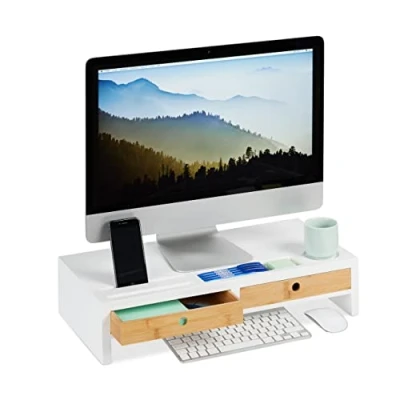 Image of Relaxdays Display Stand, 2 Drawers, PC Screen Riser, Desk Mount, Bamboo &amp; MDF, HWD: 12 x 55.5 27 cm, White/Natural