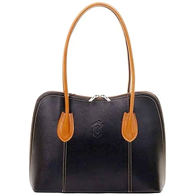 Image of Handbag Bliss Women Shoulder Bag Grab Vera Pelle Italian Smooth Leather Classic Style Medium (.Black &amp; Tan)