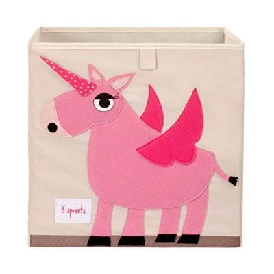 Image of 3 Sprouts Toy Storage Cube 13 inch Kids Box Collapsible Fabric Organiser Bin for Nursery, Children’s Room, Playroom, Unicorn