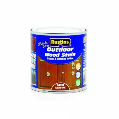 Image of Rustins Quick Dry Outdoor Wood Stain Satin Light Oak 250ml Durable and Weather Resistant Finish, Fast Drying, Vibrant Color for Decks, Fences, &amp; Furniture, Available in Many Shades