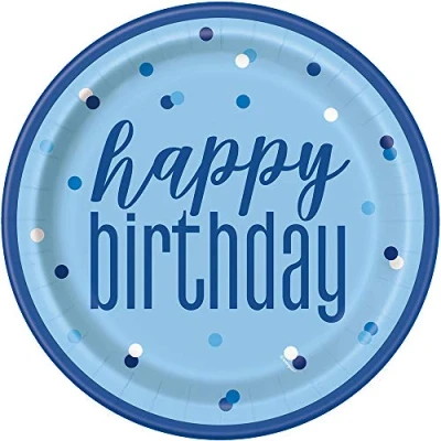 Image of Unique Party 83597 Blue Birthday Round Dinner Plates, 9&quot; Disposable 8 Pcs, Happy, Count (Pack of 1)