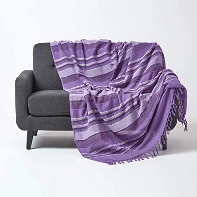 Image of HOMESCAPES Purple Mauve Throw “Morocco Cotton Textured Stripe 150 x 200 cm Bedspread Sofa Handmade Suitable for Armchairs and 2 Seater Sofas or Single Double Beds Machine Washable