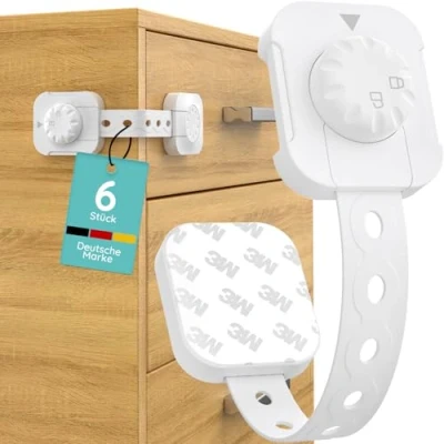 Image of Baby Drawer Locks Pack of 6 Child Safety Cabinet &amp; Drawers, Self Adhesive No Drilling, Adjustable Lock Drawers Fridge for Children