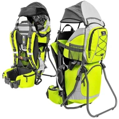 Image of DROMADER Baby Carier Backpack Toddler Hiking with Sun Canopy, Rain Cover, Insulated Pouch, Changing Mat &amp; One Hand Foldable Frame Green
