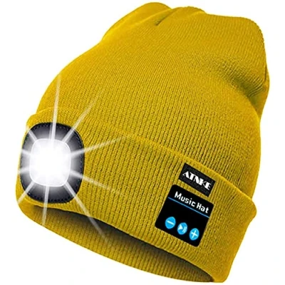 Image of ATNKE LED Lighted Bluetooth Beanie Cap, USB Rechargeable Wireless Musical Running Hat Ultra Bright 4 Waterproof Light Lamp Use for Skiing Hiking Camping Cycling (Yellow)