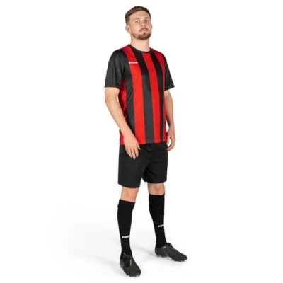 Image of FORZA Men’s Striped Short Sleeve Football Kits Jersey for Adults Full Shirts, Shorts &amp; Socks Set [5 Colours, XS XXL] (UK, Alpha, XL, Regular, Black and Red)