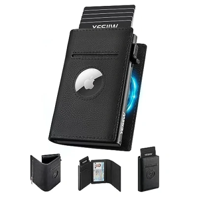 Image of YESIIW Airtag Wallet for Men Compatible with Apple AirTag, RFID Blocking Leather Smart Air Tag Wallets, Pop Up Card Holder Money Clip and ID Window Black