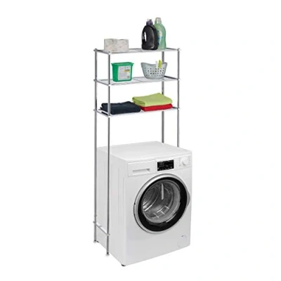 Image of Relaxdays Washing Machine Shelf, Metal, 3 Tiers, Dryer, WC, Bathroom Storage Solution, HWD: 162.5 x 67 30 cm, Silver