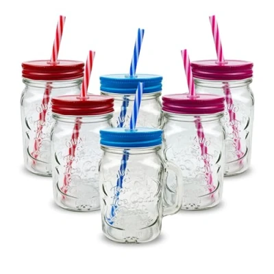 Image of Pack of 6 Mason Jars with Handles, 500 ml Durable Drinking Glasses Lids, Straws Perfect for Cold Beverages