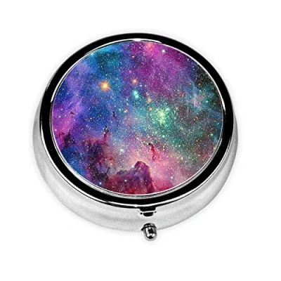 Image of Colorful Galaxy Print Round Pill Box,Portable Mini Metal Pill,Pill Box 3 Compartment Medicine Case