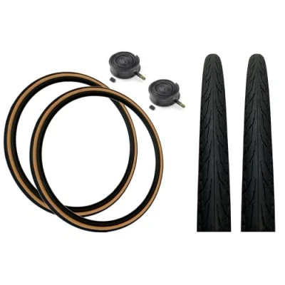 Image of PAIR Baldy&#039;s 700 x 28c AMBER WALL Racing Bike Slick Road Tyres &amp; Schrader Valve Tubes