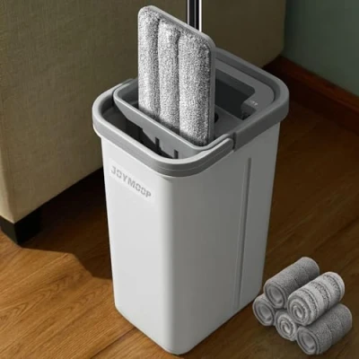 Image of JOYMOOP Mop and Bucket with Wringer Set, Hands Free Flat Floor Bucket, 5 Washable Microfiber Pads, Wet Dry Use, Cleaning System