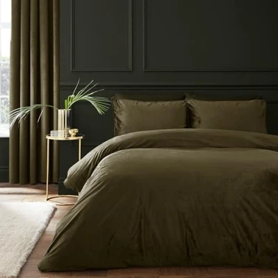 Image of Catherine Lansfield Kingsley Soft Matt Velvet Double Duvet Cover Set with Pillowcases Olive Green
