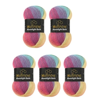 Image of Wollbiene Moonlight Batik 5 x 100 g Knitting Wool 500 for and Crocheting 20% Turkish Gradient (3000 Rainbow Pastel)