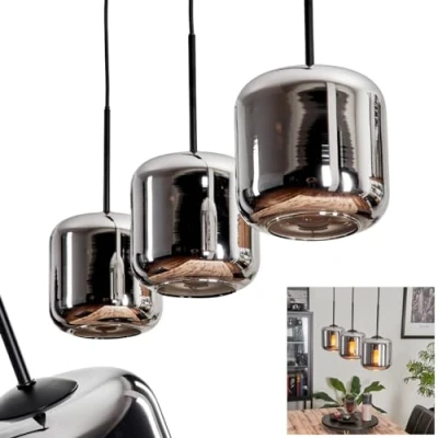 Image of Hanging lamp Lauden, Made of Metal/Glass in Black/Chrome Colour, lampshades Glass (Ø 15 cm), Height max. 150 cm, 3 x E27, Without Bulb