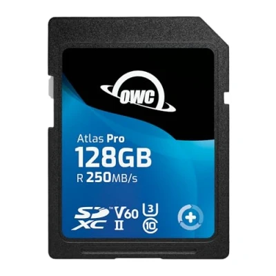 Image of OWC Atlas Pro SD V60 128GB SDXC UHS II Media Card, up to 250MB/s read and 130MB/s write, cost effective memory card for most common photo 4K video capture