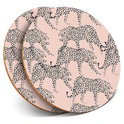 Image of 2 x Round Coasters Pink Leopard Pattern Big Cat Cork Backed Home Kitchen Accessory Tea Coffee Mug Mat #46076