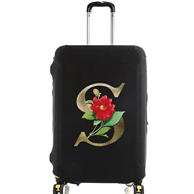 Image of Golden Letter Printed Design Travel Trolley Case Cover Protector Washable Suitcase Luggage Storage Covers for 18 28 inch (Golden flower S, S (18 21 Luggage))