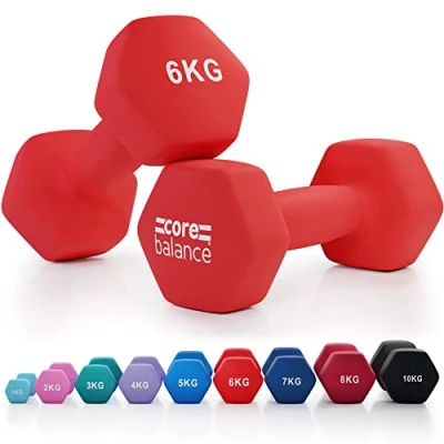 Image of Core Balance 6kg Dumbbell Pair Hex Weight Neoprene Coated Cast Iron Strength Training (Red)