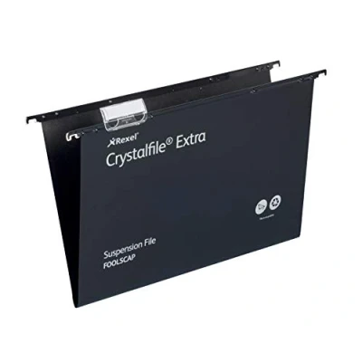 Image of Rexel Foolscap Heavy Duty Suspension Files with Tabs and Inserts for Filing Cabinets, 15 mm base, Polypropylene, Black, Crystalfile Extra, Pack of 25, 3000080