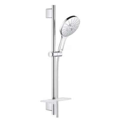 Image of GROHE Rainshower 150 Smartactive Shower Rail Set Water Saving 3 Spray 150mm Hand with 600mm Rail, 1750mm Silverflex Hose Chrome Finish and White Plate Made in Germany 26592LS0