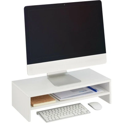 Image of Relaxdays Monitor Stand, Additional Compartment, HWD 14.5 x 54 25.5 cm, Computer Screen Raiser for Desk, Modern, White, Fibreboard