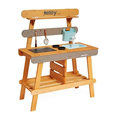 Image of Janod Muddy Lab FSC Wood Kitchen 10 Accessories Pretend Play Toy Children’s Outdoor Game 3 Years +, J06632, Sky Blue/Grey, 77 x 35 95