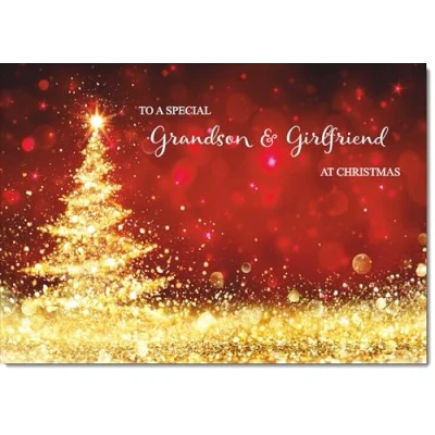 Image of doodlecards Grandson and Girlfriend Christmas Card Gold Abstract ChristmasTree Medium Size for &amp; with Plain Envelope
