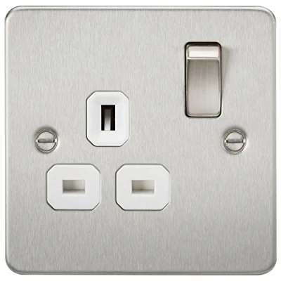 Image of Knightsbridge FP7000BCW FP7000 FPAV7000BCW Flat Plate 13A 1G Dp Switched Socket Brushed Chrome with White Insert, 230 V
