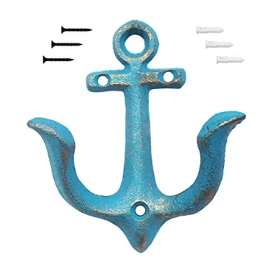 Image of KiaoTime Blue Vintage Rustic Cast Iron Nautical Anchor Design Wall Hooks Coat Rack, Decorative Mounted Antique Shabby Chic Metal Home Bathroom Towel Hanger