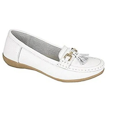 Image of Womens Flats Leather Deck Boat Loafers Moccasins Driving Shoes with Bar &amp; Tassels White Size UK 4