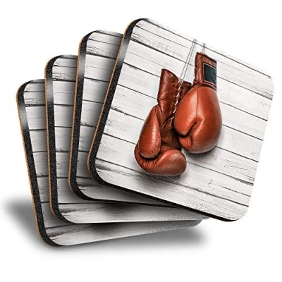 Image of Destination Vinyl ltd Great Coasters (Set of 4) Square Boxing Gloves Retro Sports Drink Glossy Coasters/Tabletop Protection for Any Table Type #3132