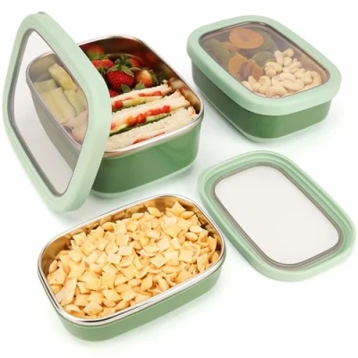 Image of BELLE VOUS (3 Pack Stainless Steel Food Containers with Anti Slip Exterior BPA Free Bento Lunch Storage Boxes Microwave Dishwasher &amp; Freezer Safe