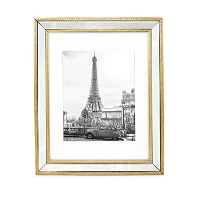 Image of Isaac Jacobs 11x14 (Matted 8x10) Gold Mirror Bead Picture Frame Classic Mirrored with Dotted Border Made for Wall Display, Photo Gallery and Art (11x14 8x10), Gold)