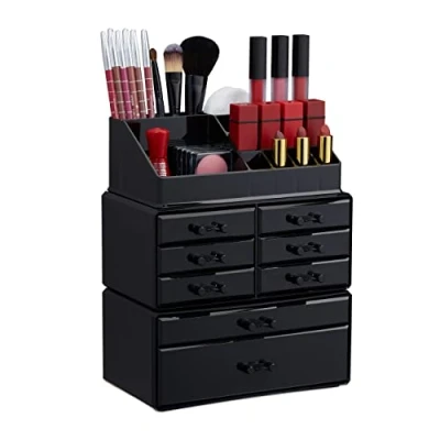 Image of Relaxdays Makeup Organizer with Drawers, Stacking and Jewellery Box, Acrylic Cosmetic Kit, Black
