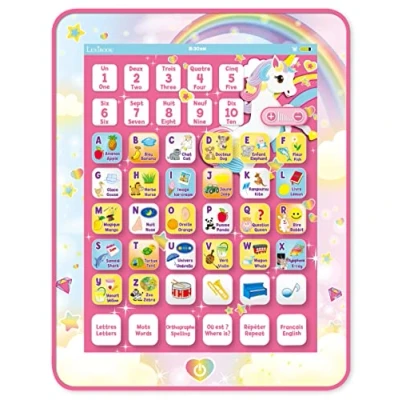 Image of Lexibook, Unicorn, Educational Bilingual Interactive Learning Tablet, Toy to learn alphabet letters numbers words spelling and music, English/Polish, Pink, JCPAD002UNIi17