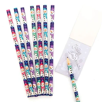 Image of Baker Ross AX437 Snowman Pencil Set Pack of 12, Christmas Gifts, Ideal for Kids School Set, Homework, Classwork, Party Bag Fillers