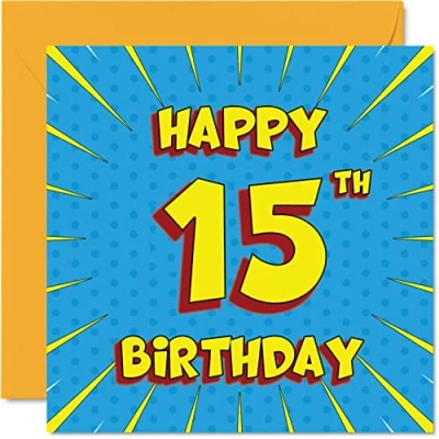 Image of Fun 15th Birthday Cards for Boys Girls Comic Book Happy Card Sister Granddaughter Grandson Son Daughter Brother Cousin Nephew Niece, 145mm x Greeting Cards,