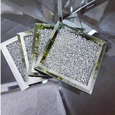 Image of 10x10cm Square Shape Sparkle Diamante Crushed Jewel Glass Glitter Coasters Set of 4